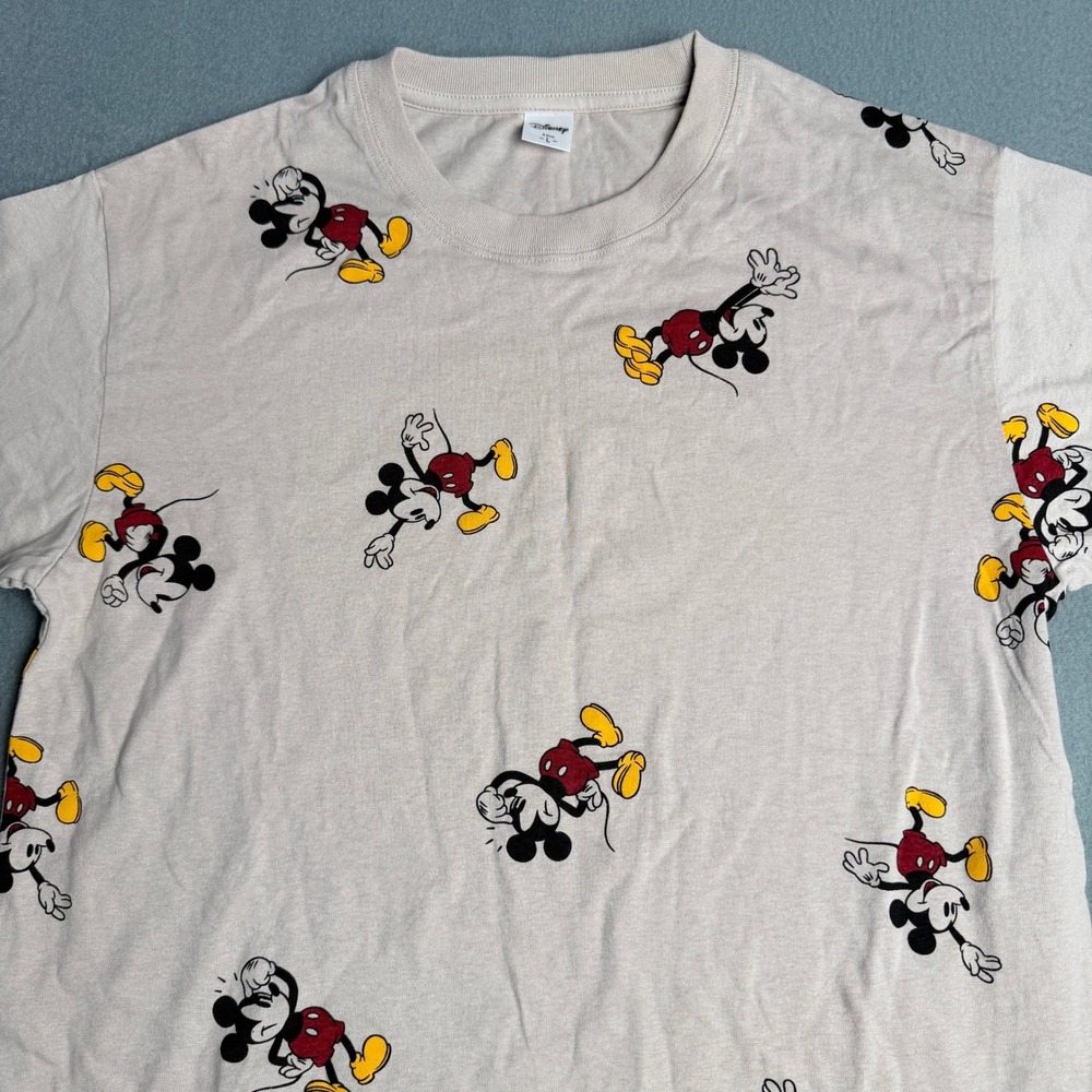 Disney Mickey Mouse‎ All Over Print T-Shirt Tan Crew Neck Mens Large AOP Tee